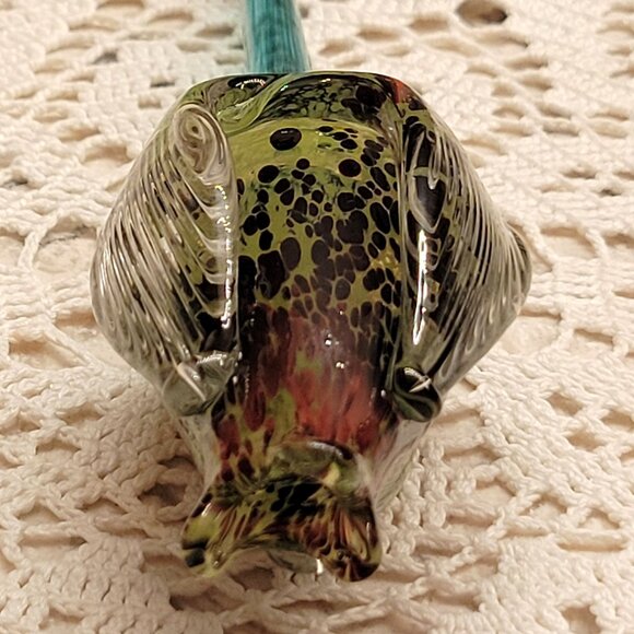 Vintage Czech Art Glass Flower Tulip Hand Blown Glass Turquoise Gold Long Stem - Picture 3 of 11